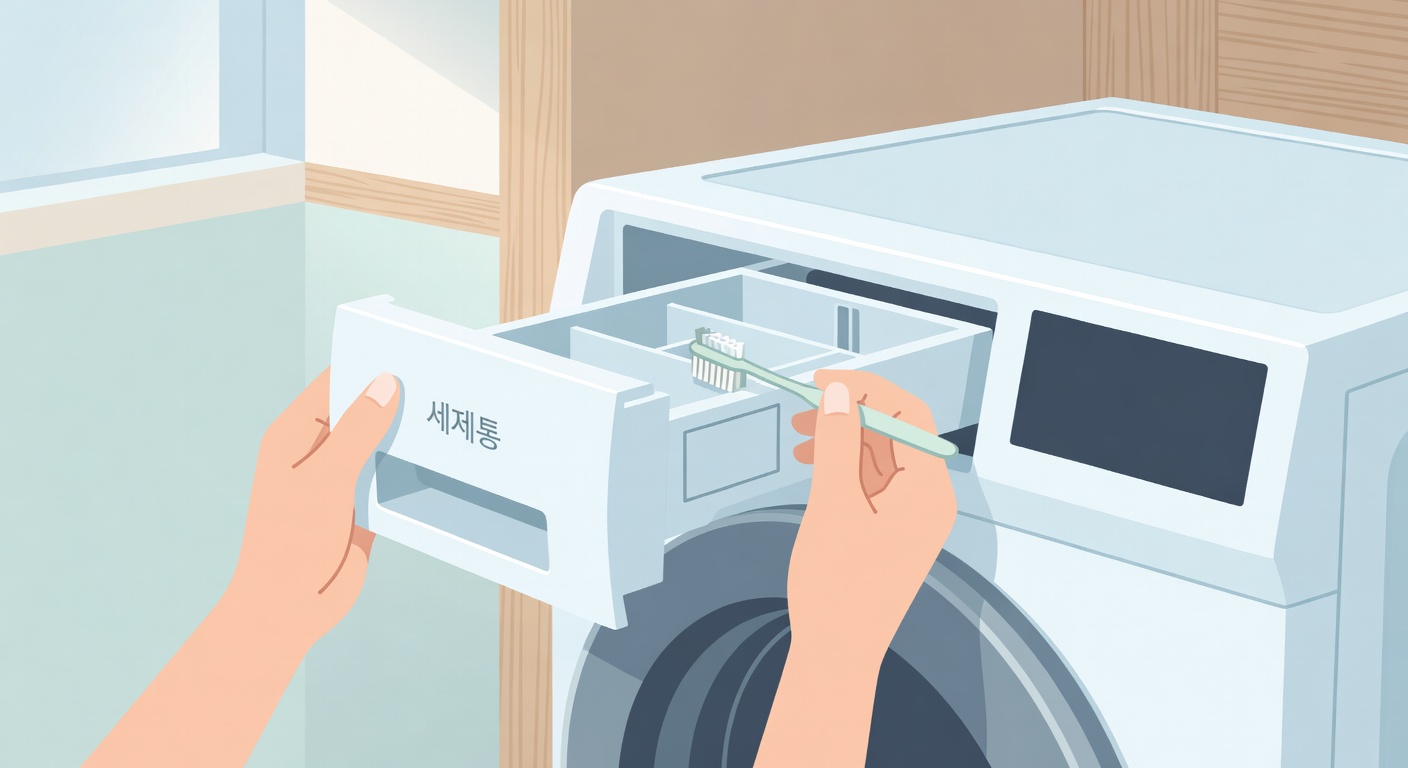 세제통 분리하고 칫솔로 안쪽 닦기